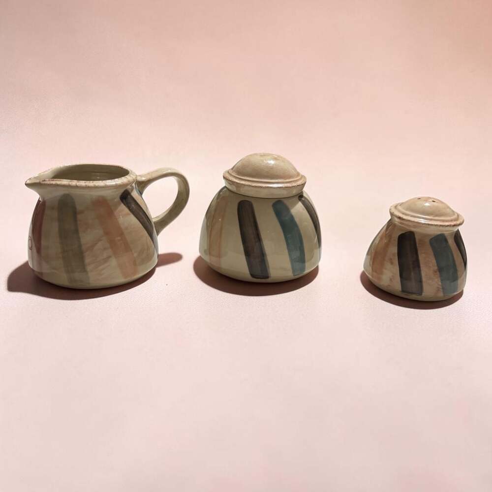 Bloomingville Allium Ceramic Sugar Bowl, Cream Pitcher, and Salt Shaker Set